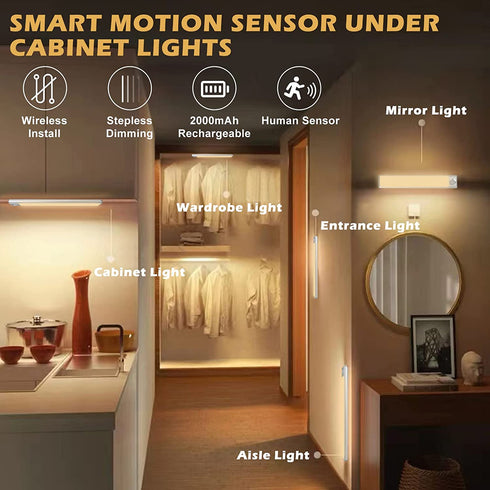 Wireless Under Cabinet Lights, 72 LED Under Counter Lights for Kitchen, USB Motion Sensor Light Indoor, Dimmable LED Motion Sensor Light Strip, Battery Powered Motion Activated LED Night Light