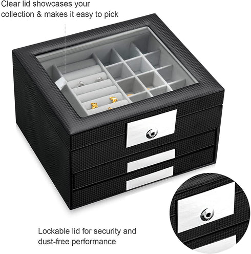 Oyydecor 3-Layer Jewelry Organizer with 2 Drawers Pu Leather Jewelry Box Organizer Display Storage case Necklace Ring Earring Storage Lockable Gift Case Gifts for Women