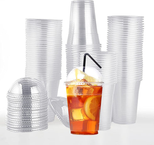 100 PACK 16 oz Clear Plastic Cups with Dome Lids, Disposable Dessert Cups, Parfait cups for Ice Cream, Iced Cold Coffee Drinks, Cupcake, Fruit Cups for Party