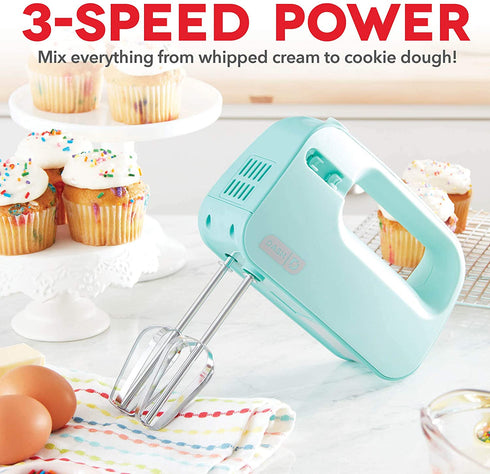 Dash SmartStore Deluxe Compact Electric Hand Mixer + Whisk and Milkshake Attachment for Whipping, Mixing Cookies, Brownies, Cakes, Dough, Batters, Meringues & More, 3 Speed, 150-Watt Aqua