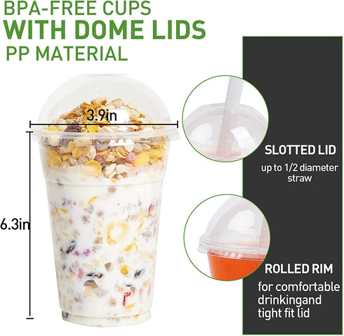 100 PACK 16 oz Clear Plastic Cups with Dome Lids, Disposable Dessert Cups, Parfait cups for Ice Cream, Iced Cold Coffee Drinks, Cupcake, Fruit Cups for Party