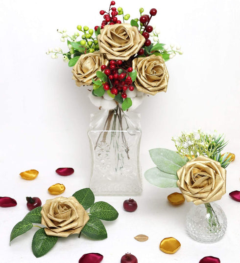 D-Seven Artificial Flower 25pcs Gold Foam Fake Roses with Stem for DIY Wedding Bouquets Floral Arrangements Wedding Flower Bridal Shower Party Home Decor (Gold)