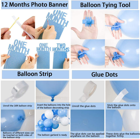 JOYYPOP 1st Birthday Boy Decorations 66PCS Blue 1st Birthday Decorations for Boy with 12 Months Photo Banner, 1st Birthday Baby Crown, ONE Cake Topper, 1st Birthday Highchair Banner