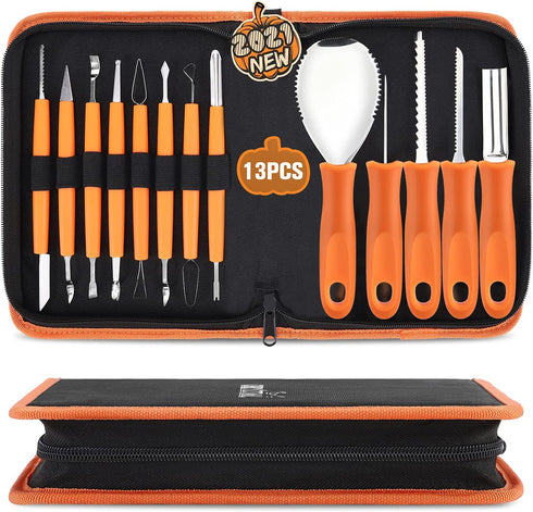 Pumpkin Carving Kit Tools Halloween, CHRYZTAL 13PCS Professional Heavy Duty Carving Set, Stainless Steel Double-side Sculpting Tool Carving Knife for Halloween Decoration Jack-O-Lanterns