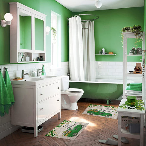 OneHoney Green Farm Truck Door Mat Wood Board Floor Bath Rugs, St.Patrick's Day Lucky Clover Leaf Entrance Doormats Non Slip Kitchen Rug for Indoor Bedroom Bathroom Living Room 16x24inch