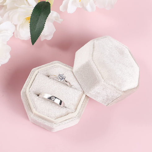 Velvet Ring Box, Etercycle Octagon Gorgeous Vintage Double Jewelry Ring Gift Box with Detachable Lid for Proposal Engagement Wedding Ceremony (Beige)