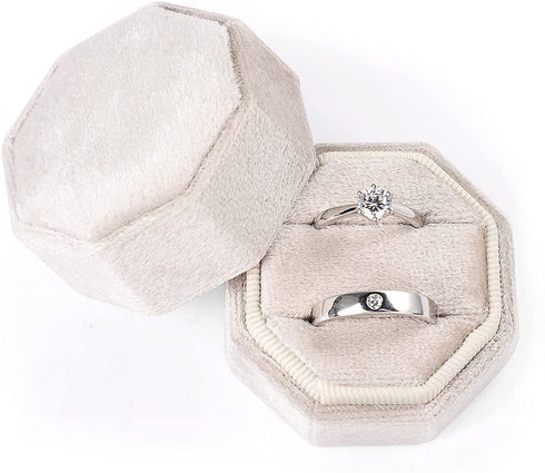 Velvet Ring Box, Etercycle Octagon Gorgeous Vintage Double Jewelry Ring Gift Box with Detachable Lid for Proposal Engagement Wedding Ceremony (Beige)