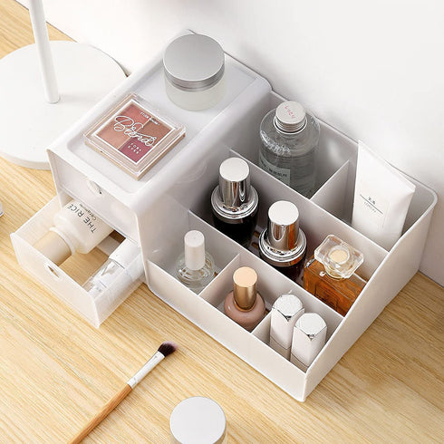Clear Makeup Organizer for Vanity, Desk Cosmetics Organizer with Drawers for Lipsticks, Lotions, Jewelry, Nail Care, Skincare, Ideal for Dresser, Bedroom and Bathroom Countertops-White
