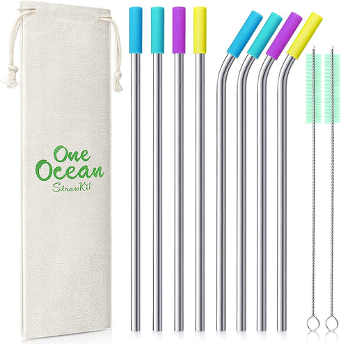 8 Piece 12 Inch Extra Long Reusable Metal Stainless Steel Thick Drinking Straws with Silicone Tips and Cleaning Brush, for Tall Tumblers 40 Ounce, Silver