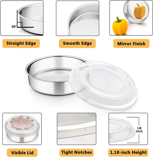 8-inch Cake Pan with Lid Set (3 Pans + 3 Lids), P&P CHEF Stainless Steel Round Baking Pan for Picnic Wedding Birthday, Leakproof Pan & Raised Plastic Lid, Healthy & Non-toxic, Dishwasher Safe