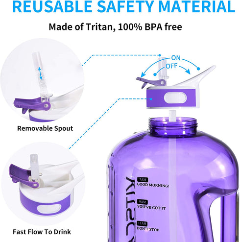 1 Gallon Water Bottle with Straw, Motivational Large Water Bottle with Time Marker, Big Clear Transparent Water Kettle Purple 128oz Water Bottles, Water Jug for Sports Water Bottle BPA Free