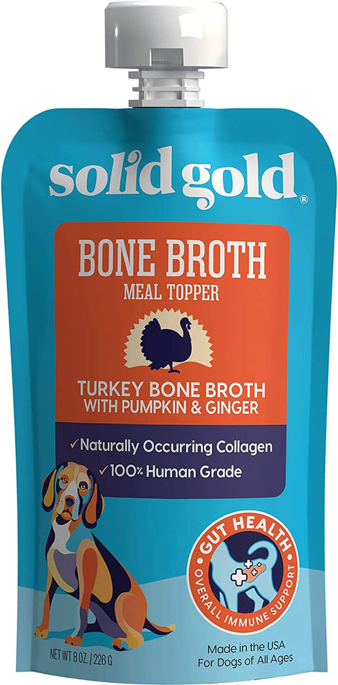 Solid Gold Turkey Bone Broth for Dogs - Grain Free Dog Food Topper Rich in Collagen and Superfoods - Nutrient Dense Dog Gravy Topper for Dry Food - Promotes Gut Health and Hydration - Single
