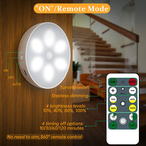 Led Closet Light, Motion Sensor Puck Lights with Remote Wireless USB Rechargeable Dimmable Under Cabinet Night Safe Lighting Stick-on Anywhere for Counter Kitchen Stairs Hallway Bedroom (1 Pc)