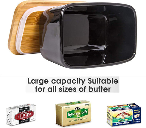 Butter Dish with Cover and knife-Ceramics Butter Container with Bamboo Lid for Countertop,Larger Butter Dishes with Covers Perfect for East West Coast Butter(Black with Words)