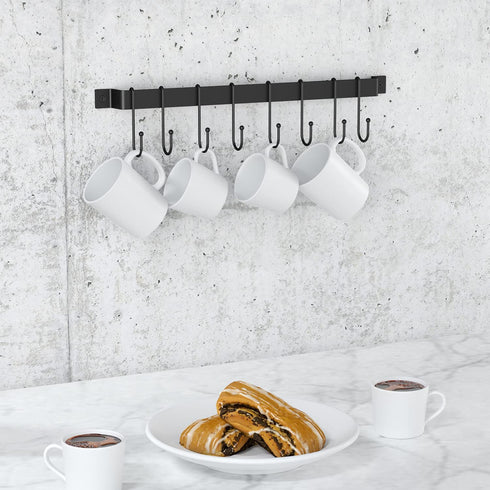 Tibres - Utensil Rack with Kitchen Hooks for Hanging Spatulas Measuring Spoons Tools - Kitchen Utensil Hanger - Wall Mounted Utensil Rack Holder with Hooks - Kitchen Rail Organizer - Black