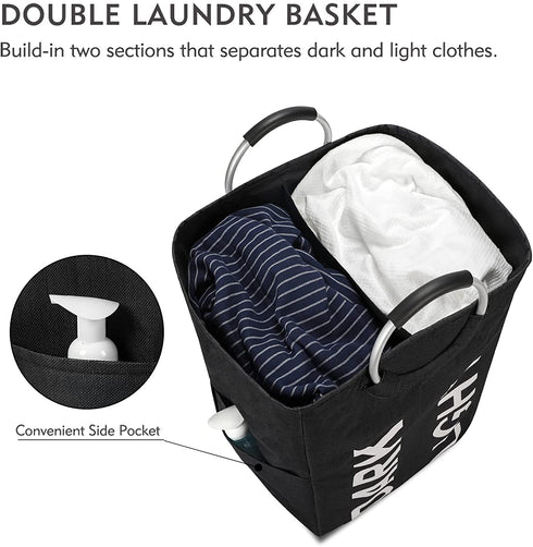 DOKEHOM 90L X-Large Linen Double Laundry Hamper, Collapsible Washing Basket, Foldable Clothes Bag - Durable and Easy to Clean (Black)