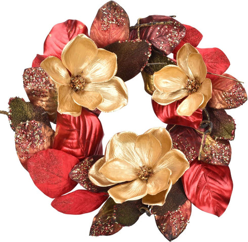 RED DECO Christmas Wreath for Front Door - 20 Inch Red Magnolia with 3 Gold Flowers, Holiday Wreaths for Home Farmhouse Indoor Outdoor Windows Wall Decor(Red)