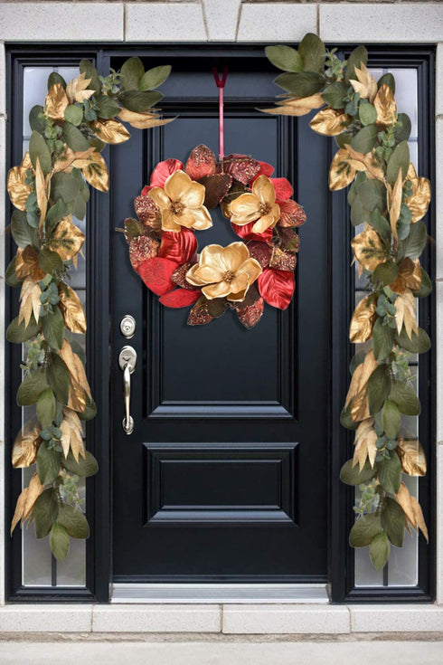 RED DECO Christmas Wreath for Front Door - 20 Inch Red Magnolia with 3 Gold Flowers, Holiday Wreaths for Home Farmhouse Indoor Outdoor Windows Wall Decor(Red)
