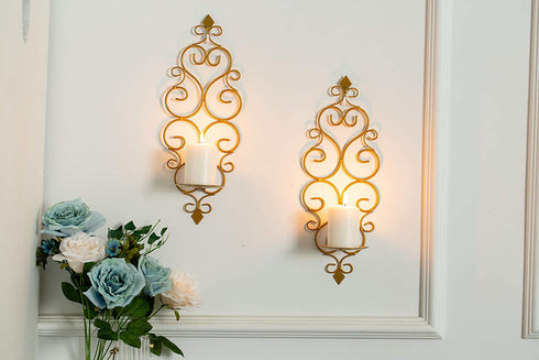 Sziqiqi Iron Wall Candle Sconce Holder Set of 2 Hanging Wall Mounted Pillar Candle Sconces Holder, Wall Sconces Decor for Bedroom Dining Room, Gold