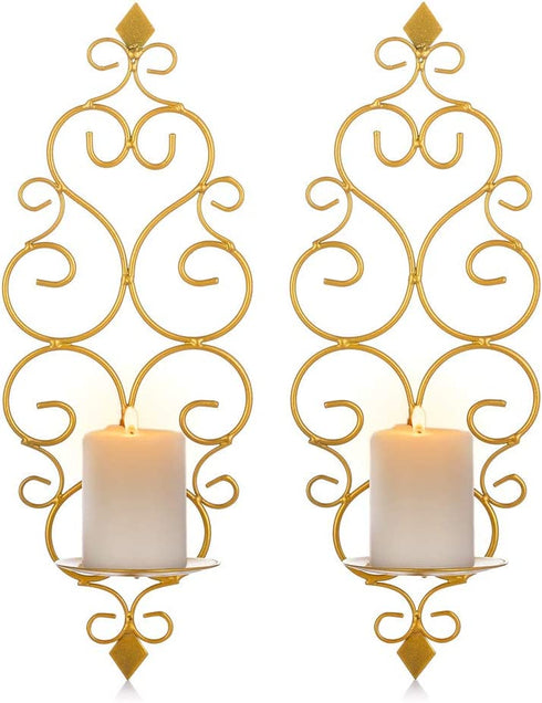 Sziqiqi Iron Wall Candle Sconce Holder Set of 2 Hanging Wall Mounted Pillar Candle Sconces Holder, Wall Sconces Decor for Bedroom Dining Room, Gold