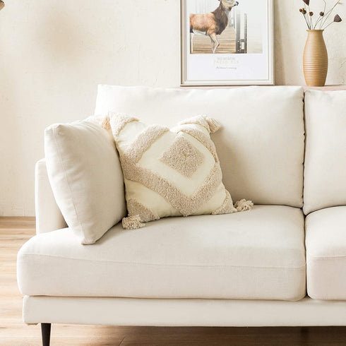 Woven Tufted Boho Throw Pillow Cover Set of 2, Modern Decorative Geometric Diamond Chevron Cushion with Tassels, Farmhouse Tribal Pillowcase for Couch Sofa Bedroom Living Room, 18 x 18 Inches, Ivory