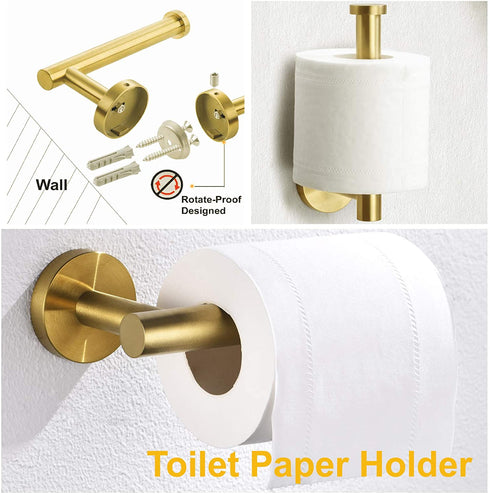 Nolimas 3-Pieces Brushed Gold Bathroom Hardware Set SUS304 Stainless Steel Round Wall Mounted Includes 12" Hand Towel Bar,Toilet Paper Holder,Robe Towel Hooks,Bathroom Accessories Kit