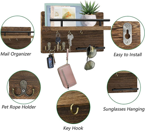Key Holder for Wall Decorative with Key Hooks, Mail Organizer Wall Mounted, Key Hangers with Mail Shelf for Wall, Key Racks and Mail Holder for Wall