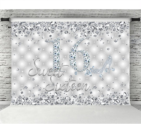 Lofaris Sweet 16 Birthday Party Backdrop Glitter Sliver High Heels Diamond Birthday Background Girls Sweet Sixteen Birthday Party Decorations Banner Photo Booth Props 7x5ft
