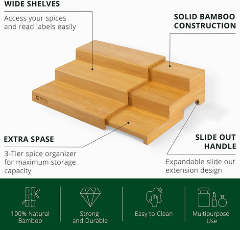 Bamboo Spice Organizer for Cabinet - Tiered Spice Rack Organizer for Cabinet or Countertop, Pantry Step Shelf (15.16"x 8.3" x 3.3")