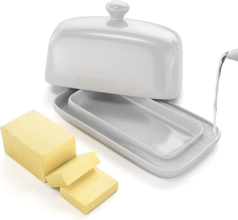 MEMNUN Butter Dish with Water, Ceramics Water Sealed French Butter Keeper with lid for Fresh Soft Butter (White)