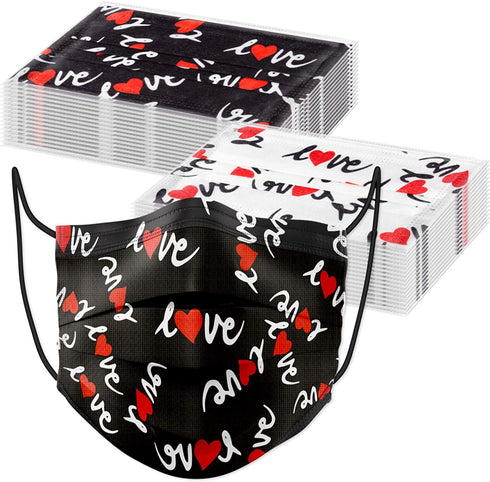 60PCS Disposable Fashion Face Masks Love Heart Print Valentine's Day Stylish Gift Unisex 3-Ply Covering Individually Packed for Adult Man Women