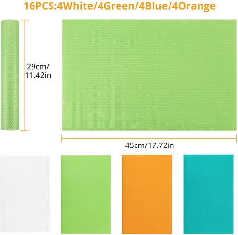 FUNYKICH Refrigerator Liners, 16PCS Refrigerator Mats Washable Shelf Liners Cabinet liner Drawer Liners Cupboard Liners Fridge Mats, Waterproof, Anti-Skid, 45x29cm, 4White/4Green/4Blue/4Orange
