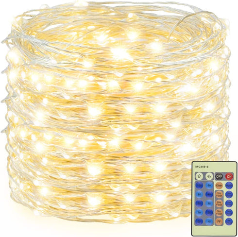 Decute 300 LED Fairy String Lights Warm White Christmas Lights Remote Control, 99ft Silver Wire Firefly Lights Starry Light for DIY Christmas Tree Costume Wedding Party Table Centerpiece Decor