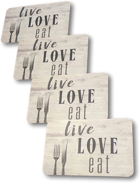 Home Designs Placemats Set of 4 - Beautifully Designed Polypropylene Sturdy Plastic 17.5" x 11.5" (Set of 4 - Live Love Eat (Fork & Knife) Placemats)