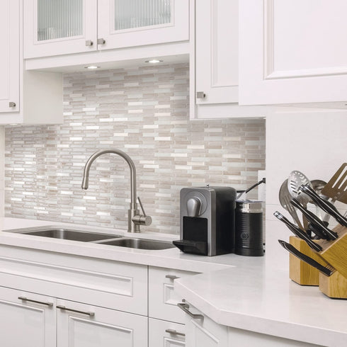 Smart Tiles - Peel and Stick Backsplash - Milenza Vasto Beige (Metallic), Travertine Stone in Beige - 4 Sheets of 10.20" x 9.00" - 3D Stick on Tiles for Kitchen and Bathroom Backsplashes