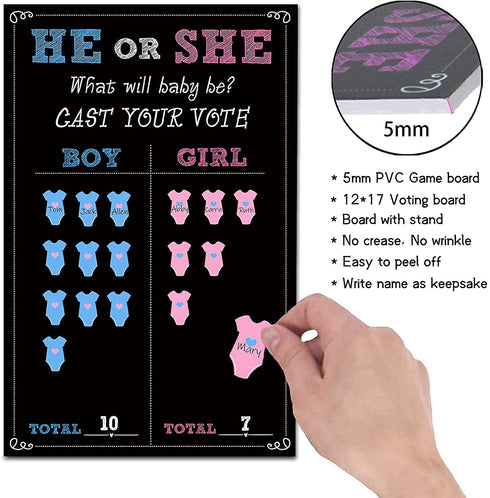 Baby Gender Reveal Board with Stand(12x17), 48 Boy Girl Voting Stickers, 1 Marker(erasable), He or She, Cast Your Vote Game for Guests, Gender Reveal Party Centerpiece Decorations, Chalkboard Design