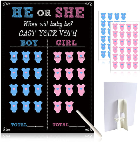 Baby Gender Reveal Board with Stand(12x17), 48 Boy Girl Voting Stickers, 1 Marker(erasable), He or She, Cast Your Vote Game for Guests, Gender Reveal Party Centerpiece Decorations, Chalkboard Design