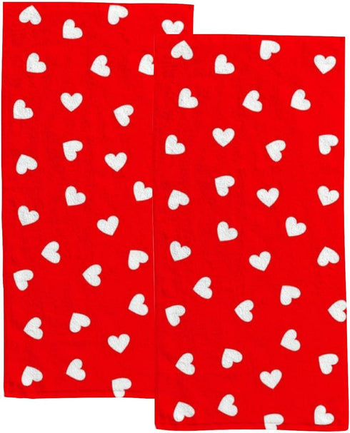 Vantaso Bath Hand Towels Set of 2 Valentine's Day Love Heart Red White Soft and Absorbent Washcloths Kitchen Hand Towel for Bathroom Hotel Gym Spa