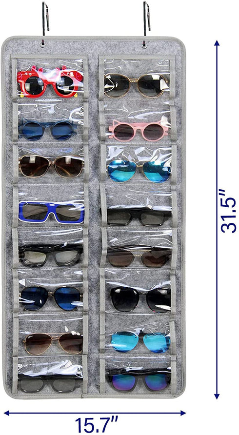 Casaphoria Sunglasses Organizer Storage, Hanging Dust Proof Wall Pocket Glasses Organizer - 16 Felt Slots Sunglass Organizer Holder with Metal Hook and Sturdy Rope (Gray, Dust Proof)