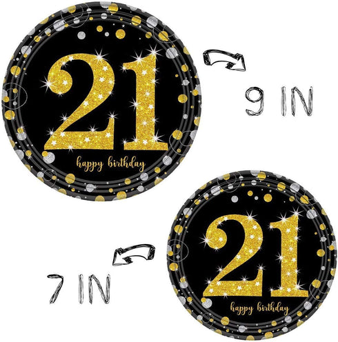 Trgowaul 21st Birthday Party Supplies - Black and Gold Disposable Paper Plates, Napkins, Cups, Tablecover Forks, Knives and Spoons for 24 Guests and Party Number Balloon Decorations Banner