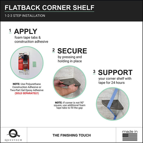 Questech Geo Flatback Bathroom Corner Shower Shelf, Wall Mounted, 8 Inches, Polished Bright White