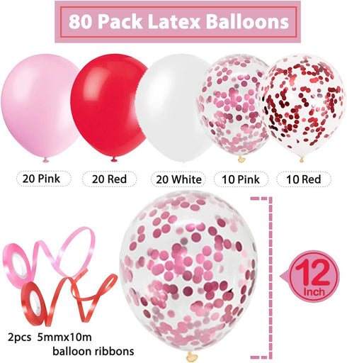 80 Pieces Valentines Day Balloons Party Decoration Supplies - Red Pink White Heart Balloons Kit for Valentines Wedding Engagement Party Decorations
