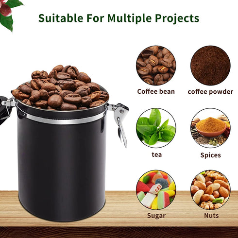 Coffee Canister- 20 Oz Flour Container With Date Tracking, Have With Carbon Dioxide Release Valve And Stainless Steel Spoon, Used To Store , Tea€?flour€?cereals And Coffee Beans. Black