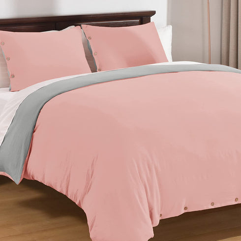 Basic Beyond Duvet Cover Queen Size, Washed Microfiber Coral Pink/Grey Duvet Cover Set with Coconut Button Closure - 3 Pieces (1 Duvet Cover & 2 Pillowcases)