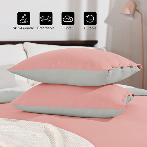 Basic Beyond Duvet Cover Queen Size, Washed Microfiber Coral Pink/Grey Duvet Cover Set with Coconut Button Closure - 3 Pieces (1 Duvet Cover & 2 Pillowcases)