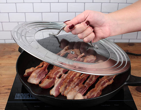 RSVP International Endurance Universal Lid with Glass Insert, Stainless Steel, Fits 5.5" - 9" | Secure Tempered Glass | Fits Frying, Sauté, Sauce, Stock Pots & Pans | Dishwasher & Oven Safe