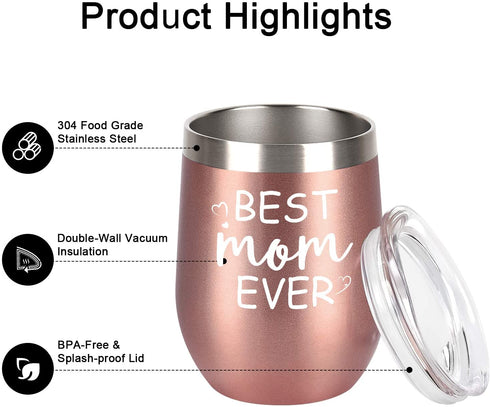 Gingprous Best Mom Ever Wine Tumbler with Lid and Straw, Mother's Day Birthday Gifts for Mom Mommy Mother, Stainless Steel Insulated Mom Wine Tumbler with Saying for Women (12 Oz, Rose Gold)