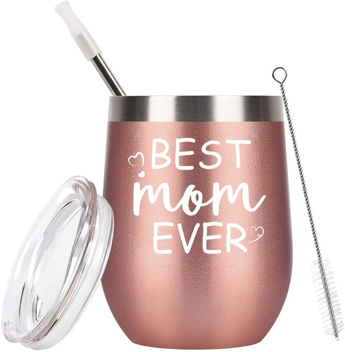 Gingprous Best Mom Ever Wine Tumbler with Lid and Straw, Mother's Day Birthday Gifts for Mom Mommy Mother, Stainless Steel Insulated Mom Wine Tumbler with Saying for Women (12 Oz, Rose Gold)