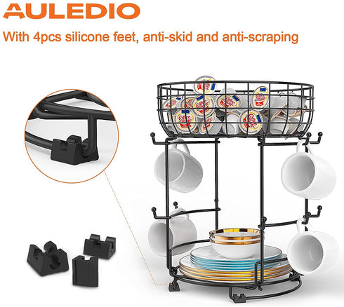 Auledio Mug Tree with Storage Basket,Coffee Mug Holder with 12 Mug Hooks,Multifunctional Coffee Cup Holder For Counter- Black