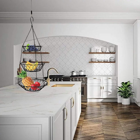 Hanging Fruit Basket 3 Tiers with Adjustable Wall Mount Ceiling Hanging Hooks, Vegetable Basket Space Saving, Rustic Country Style Kitchen Storage Baskets, Heavy Duty Wire Organizer - Black